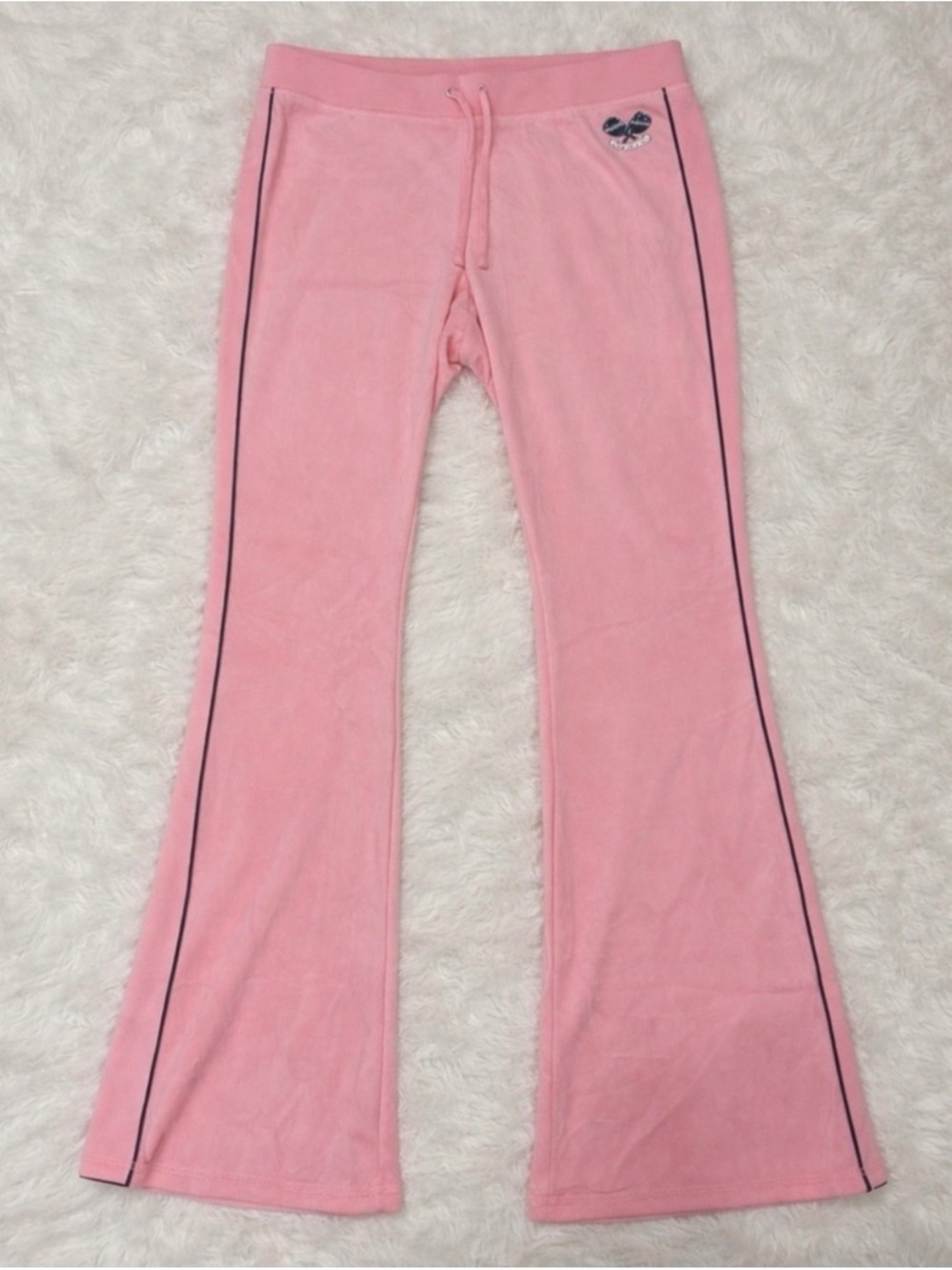 Juicy Couture Pink Velour Wide-Leg Track Pants with Blue Side Stripes - Picture 2 of 11